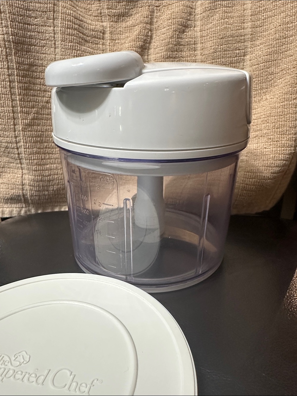 The Pampered Chef White Manual Food Chopper with Clear Bowl and storage lid